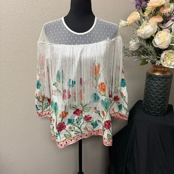 Radzoli Floral Embroidered Fringe Tunic Top Mesh Yoke Boho Chic White M - Picture 1 of 9